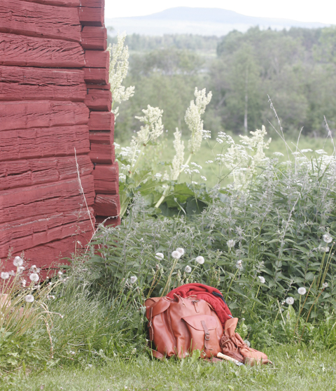 Bilden föreställer en husknut på ett rött timmrat hus, en röd keroväska ligger i gräset framför huset.