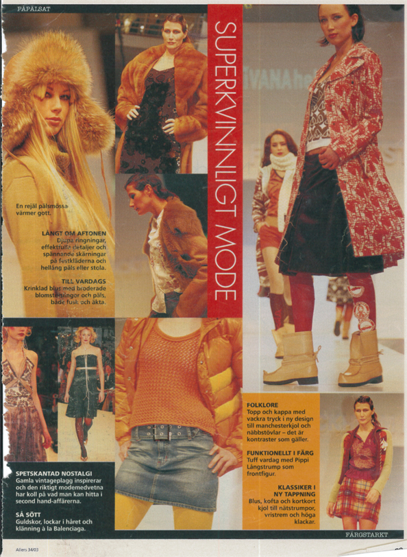 Sida från tidning. texten superkvinnligt mode står mitt på bilden. bilden föreställer kvinnor i modekläder